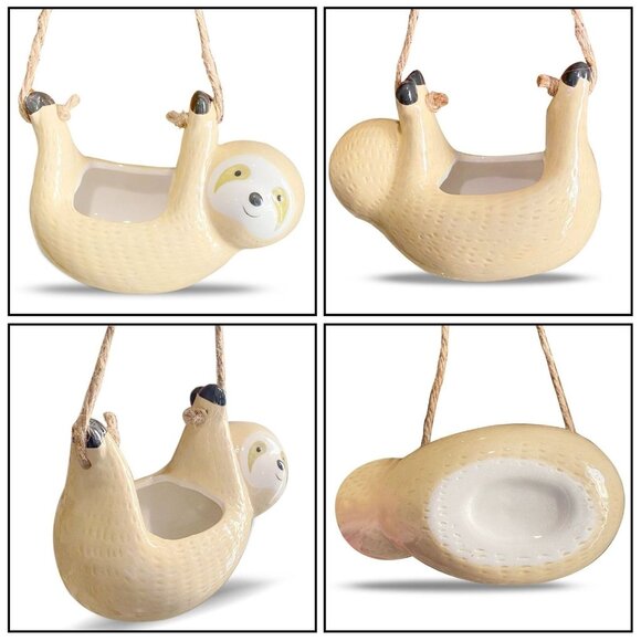 Ceramic Sloth Air-Plant Holder • Beige Sloth Planter • Cute Succulent Pot - Picture 4 of 7